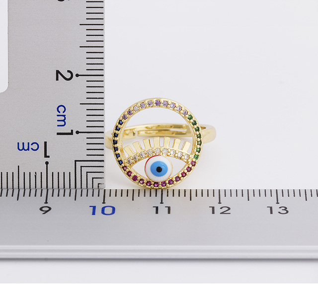 Miedziany sześcienny pierścionek Evil Eye z cyrkonią i motywem Hamsa dla kobiet - regulowany rozmiar - biżuteria ślubna - Wianko - 15