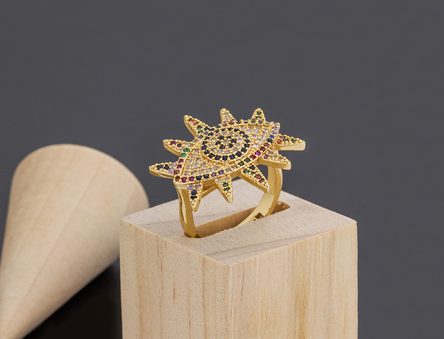 Miedziany sześcienny pierścionek Evil Eye z cyrkonią i motywem Hamsa dla kobiet - regulowany rozmiar - biżuteria ślubna - Wianko - 7