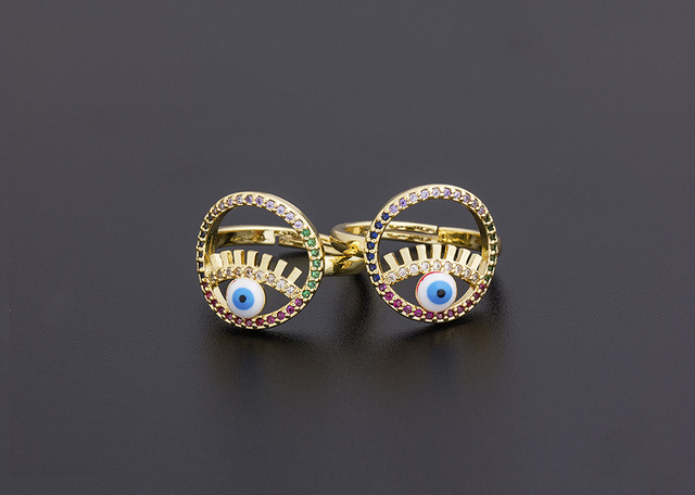 Miedziany sześcienny pierścionek Evil Eye z cyrkonią i motywem Hamsa dla kobiet - regulowany rozmiar - biżuteria ślubna - Wianko - 18