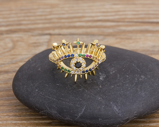 Miedziany sześcienny pierścionek Evil Eye z cyrkonią i motywem Hamsa dla kobiet - regulowany rozmiar - biżuteria ślubna - Wianko - 13