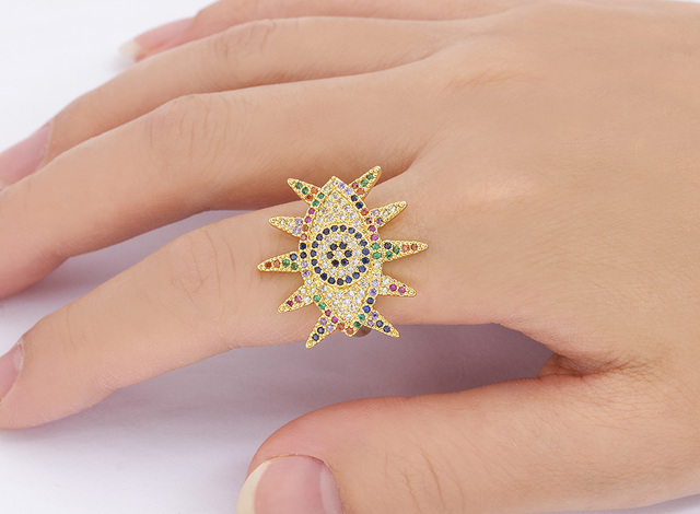 Miedziany sześcienny pierścionek Evil Eye z cyrkonią i motywem Hamsa dla kobiet - regulowany rozmiar - biżuteria ślubna - Wianko - 3
