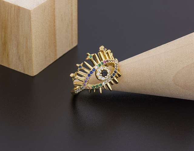 Miedziany sześcienny pierścionek Evil Eye z cyrkonią i motywem Hamsa dla kobiet - regulowany rozmiar - biżuteria ślubna - Wianko - 8