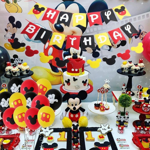 Motywowa flaga na przyjęcie Mickey Party z motywem myszki, idealna dekoracja dla chłopca - jednorazowe talerze, serwetki i wykaszarki do ozdabiania, perfekcyjne dla dzieci - Wianko - 1