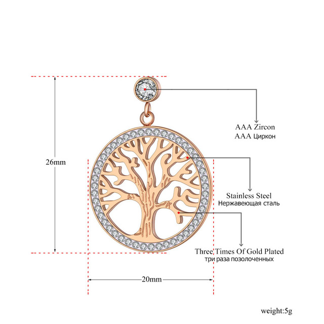 Zestaw biżuterii ze stali nierdzewnej z wisiorkiem w formie drzewa Rhinestone dla kobiet - naszyjnik, kolczyki - boho styl - Wianko - 6