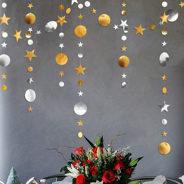Bling Bling opalizujące girlandy z papierowymi kółkami i gwiazdami - 13 stóp (4 metry) - dekoracje na ślub, urodziny i bociankowe - Wianko - 32