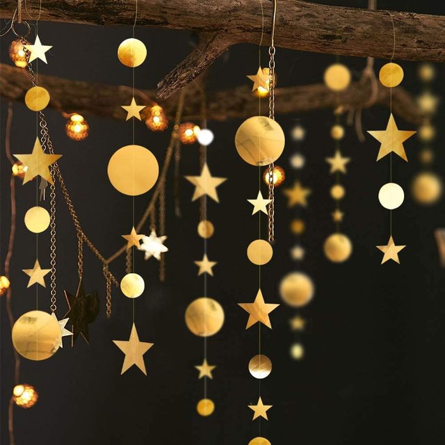 Bling Bling opalizujące girlandy z papierowymi kółkami i gwiazdami - 13 stóp (4 metry) - dekoracje na ślub, urodziny i bociankowe - Wianko - 27