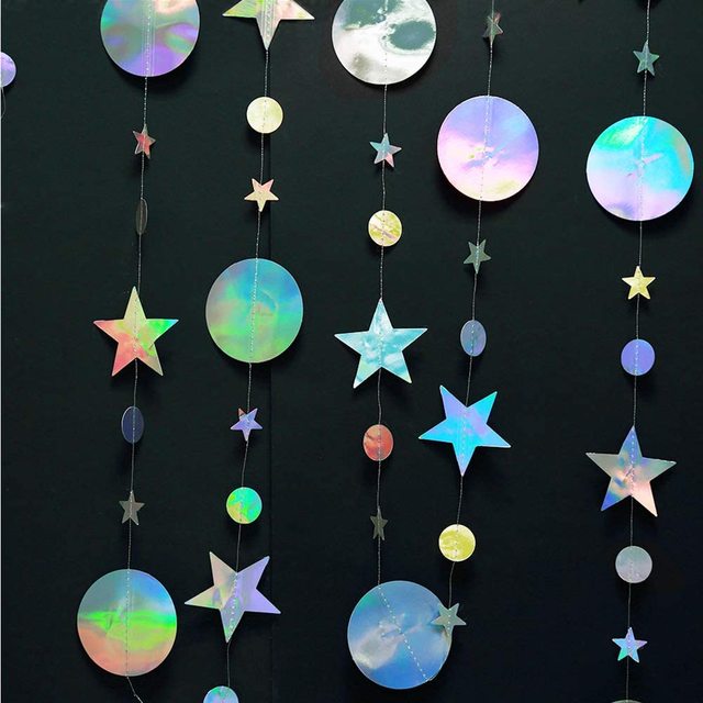 Bling Bling opalizujące girlandy z papierowymi kółkami i gwiazdami - 13 stóp (4 metry) - dekoracje na ślub, urodziny i bociankowe - Wianko - 2