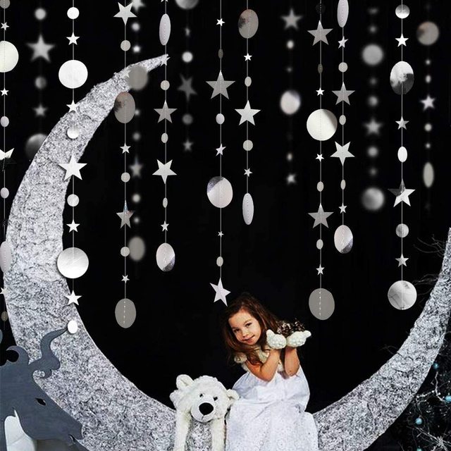 Bling Bling opalizujące girlandy z papierowymi kółkami i gwiazdami - 13 stóp (4 metry) - dekoracje na ślub, urodziny i bociankowe - Wianko - 29