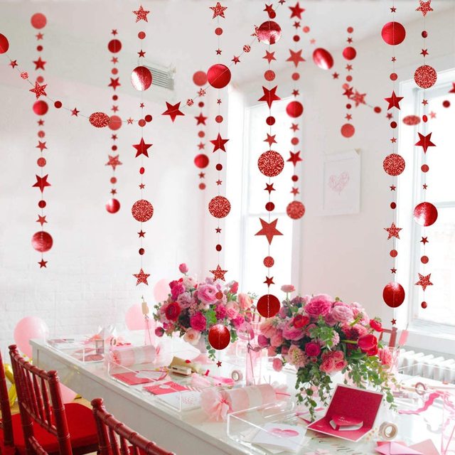 Bling Bling opalizujące girlandy z papierowymi kółkami i gwiazdami - 13 stóp (4 metry) - dekoracje na ślub, urodziny i bociankowe - Wianko - 15