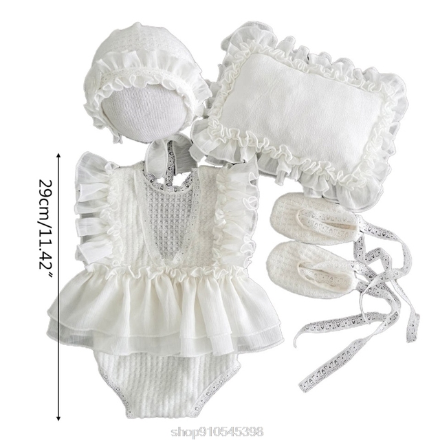Koronkowa sukienka dla dziecka wraz z kapeluszem, poduszką, spodenkami i butami - kostium noworodka do sesji fotograficznej - Wianko - 4