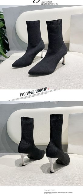 Buty damskie LazySeal 7cm - metalowe kwadratowe obcasy, szpiczasty nosek, zimowe botki z elastyczną tkaniną - Wianko - 13