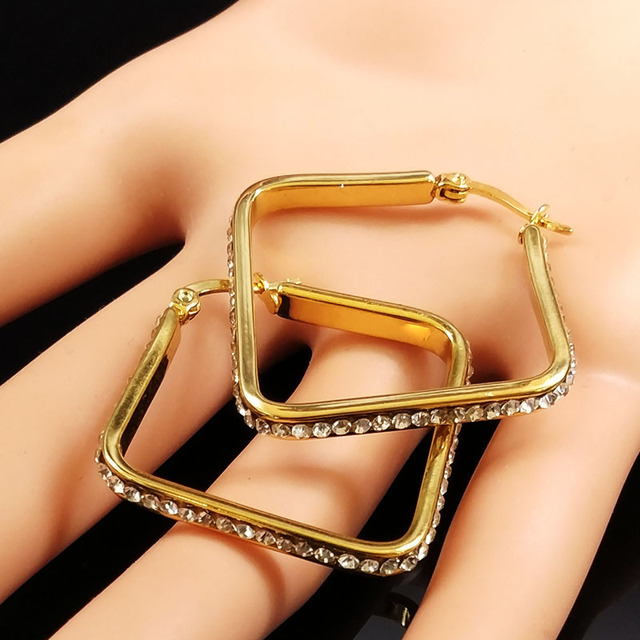 Złote kolczyki geometryczne ze stali nierdzewnej z kryształami dla kobiet - Wianko - 16