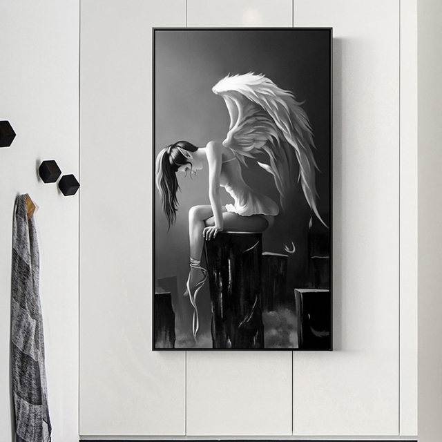 Czarno-biały plakat na płótnie z aniołkowymi skrzydełkami z anime - malarstwo ścienne dla salonu - Wianko - 6