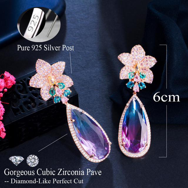 Kolczyki wiszące z fioletową i niebieską cyrkoniami sześciennymi oraz kwiatowym motywem - biżuteria ślubna z 585 złotem (E820) - Wianko - 2