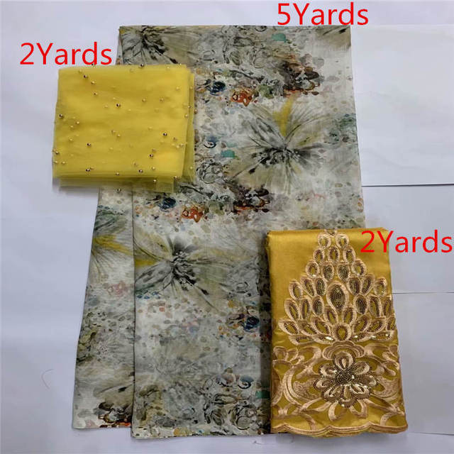 Zestaw 3-sztukowych tkanin z koronką afrykańską z nadrukiem - wysoka jakość, 100% bawełna - 2 + 5 + 2 metry - dla sukienek (L99182) - Wianko - 18