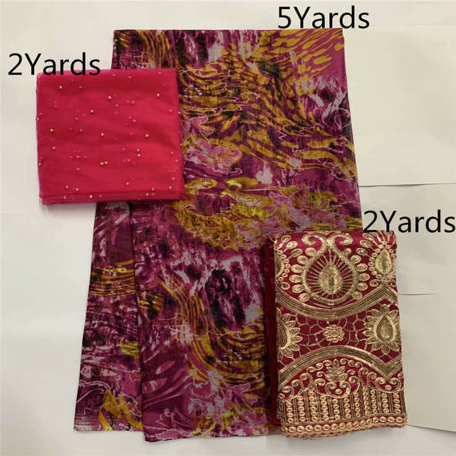 Zestaw 3-sztukowych tkanin z koronką afrykańską z nadrukiem - wysoka jakość, 100% bawełna - 2 + 5 + 2 metry - dla sukienek (L99182) - Wianko - 30