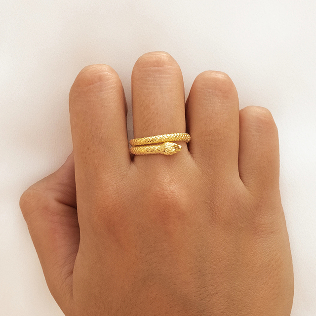 Nowy, regulowany pierścień ze srebra pozłacanego 24K, w kształcie węża z dużym, złotym zwierzęcym pierścieniem naokrągłym, luksusowym kształcie - biżuteria dla kobiet - Wianko - 8