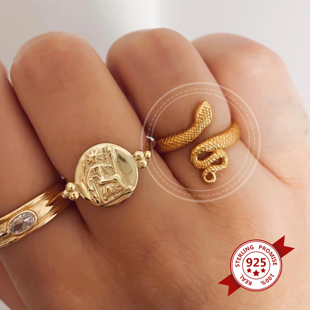 Nowy, regulowany pierścień ze srebra pozłacanego 24K, w kształcie węża z dużym, złotym zwierzęcym pierścieniem naokrągłym, luksusowym kształcie - biżuteria dla kobiet - Wianko - 11