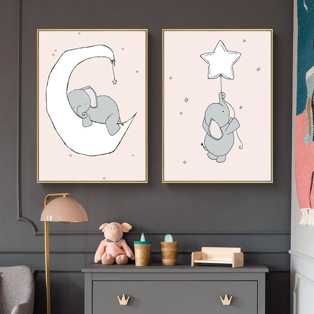 Obrazki ścienne z nordyckimi bajkowymi zwierzątkami dla dzieci: niebieski słoń, różowy księżyc, chmura (plakaty, malarstwo na płótnie) do dekoracji sypialni dziecięcej - Wianko - 1
