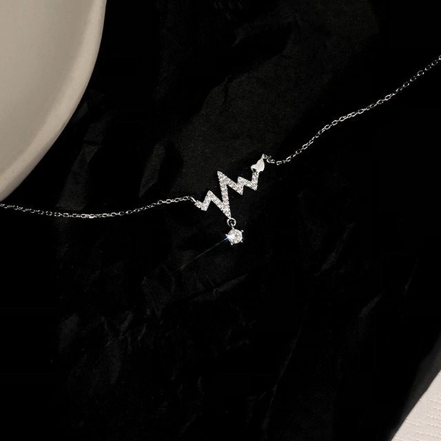 Naszyjnik 925 Sterling Silver Heartbeat z błyszczącymi kamieniami CZ na łańcuszku do obojczyka dla kobiet - Wianko - 7