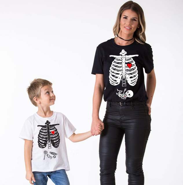 Rodzinne stroje Halloween: T-shirty z krótkim rękawem Papa mama dzieci - straszny szkielet, nadruk, ubrania - Wianko - 6