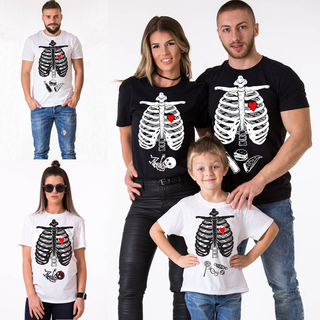 Rodzinne stroje Halloween: T-shirty z krótkim rękawem Papa mama dzieci - straszny szkielet, nadruk, ubrania - Wianko - 3