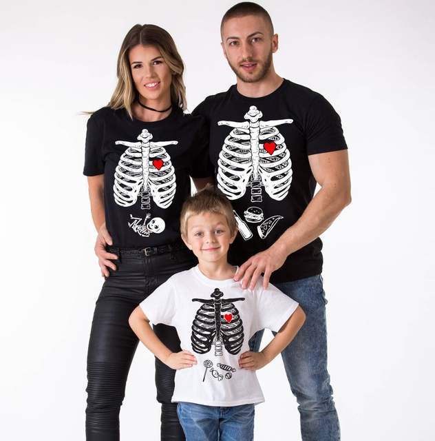 Rodzinne stroje Halloween: T-shirty z krótkim rękawem Papa mama dzieci - straszny szkielet, nadruk, ubrania - Wianko - 4