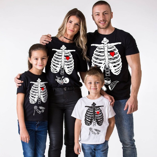 Rodzinne stroje Halloween: T-shirty z krótkim rękawem Papa mama dzieci - straszny szkielet, nadruk, ubrania - Wianko - 2