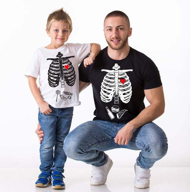 Rodzinne stroje Halloween: T-shirty z krótkim rękawem Papa mama dzieci - straszny szkielet, nadruk, ubrania - Wianko - 7