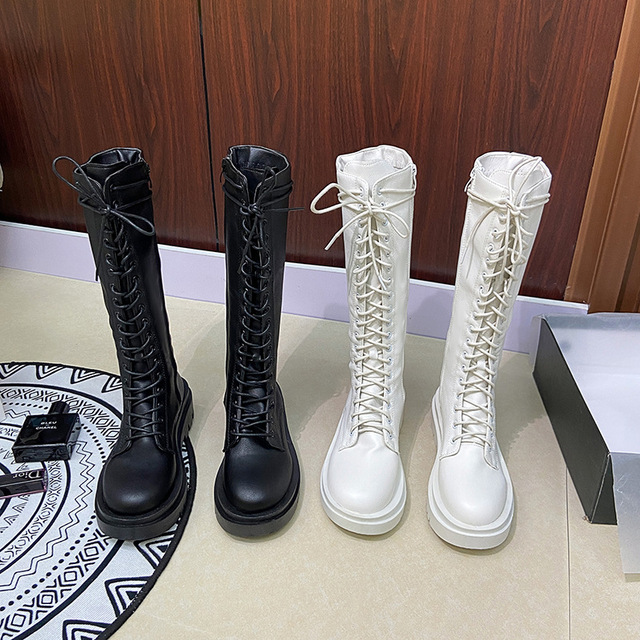Nowe buty damskie średniej wysokości z cholewkami, zasznurowane, jednokolorowe, platformowe, na grube obcasy, z zamkiem błyskawicznym - Wianko - 12