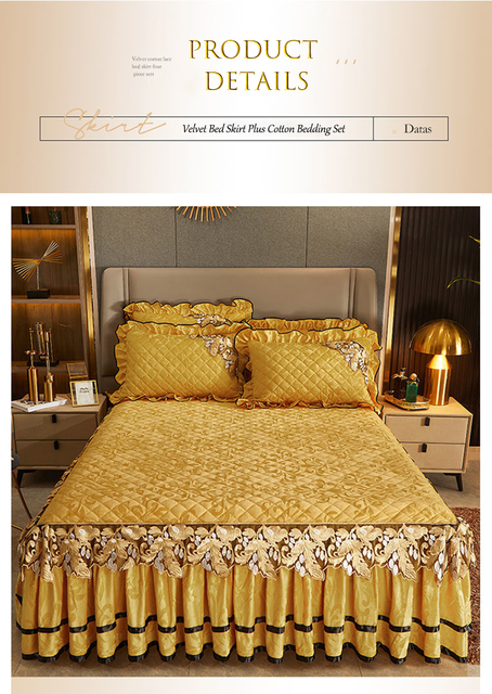 Luksusowa spódnica na łóżko w stylu zimowym, pikowana bawełniana narzuta z falbaną i złotą koronką - europejski design - Wianko - 1