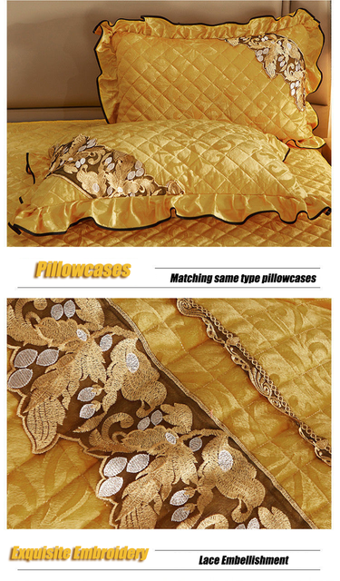 Luksusowa spódnica na łóżko w stylu zimowym, pikowana bawełniana narzuta z falbaną i złotą koronką - europejski design - Wianko - 6