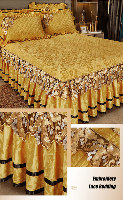 Luksusowa spódnica na łóżko w stylu zimowym, pikowana bawełniana narzuta z falbaną i złotą koronką - europejski design - Wianko - 3