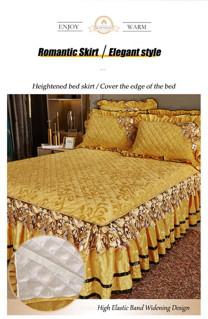 Luksusowa spódnica na łóżko w stylu zimowym, pikowana bawełniana narzuta z falbaną i złotą koronką - europejski design - Wianko - 5