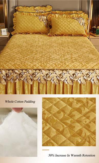 Luksusowa spódnica na łóżko w stylu zimowym, pikowana bawełniana narzuta z falbaną i złotą koronką - europejski design - Wianko - 2