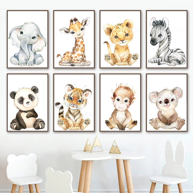 Dziecięcy plakat artystyczny zwierzęta w przedszkolu: słoń, żyrafa, lew - dekoracyjne malarstwo na płótnie do dziecięcej sypialni - Wianko - 4