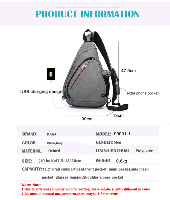 Męska torebka na ramię z zabezpieczeniem przeciw kradzieży, dużej pojemności, do 10.5 cala, z ładowaniem USB. Idealna na telefon, iPada i krótkie wycieczki - Wianko - 4