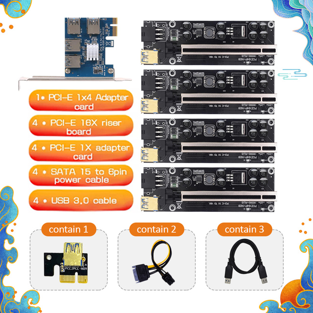 Zestaw adapterów PCI-E Express 1x to 16x Riser 009S PLUS z 4 portami USB3.0 do kart PCIE - BTC ETH Miner Mining - Wianko - 1