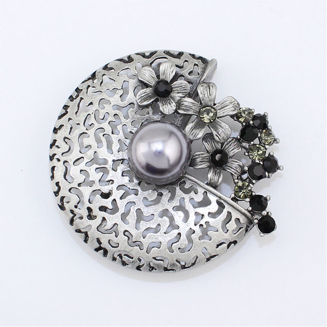 Ręcznie robiona broszka Vintage w stylu czarnej cyny z imitacją pereł, zdobiona koralikami i kryształkami, okrągły kształt, moda dla kobiet i mężczyzn, biżuteria z szpilką - pozycja nr. BH8251 - Wianko - 6