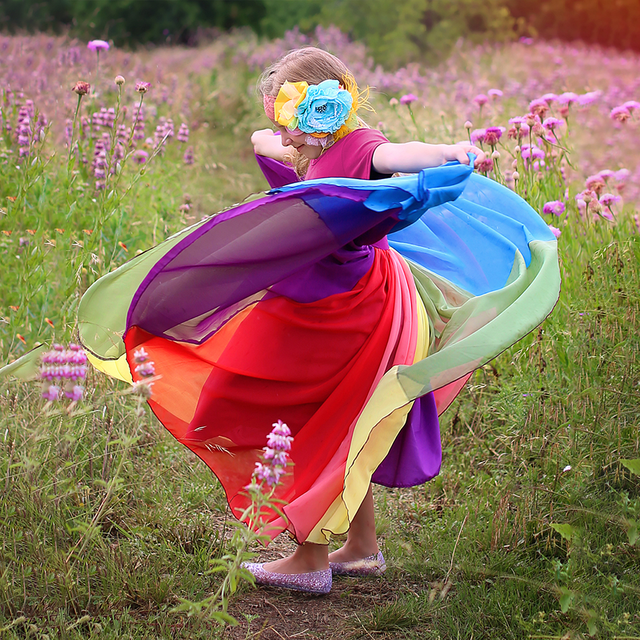 Sukienka modna tęcza z krótkim rękawem dla dziewczynek, bawełna, Color Block - Wianko - 20