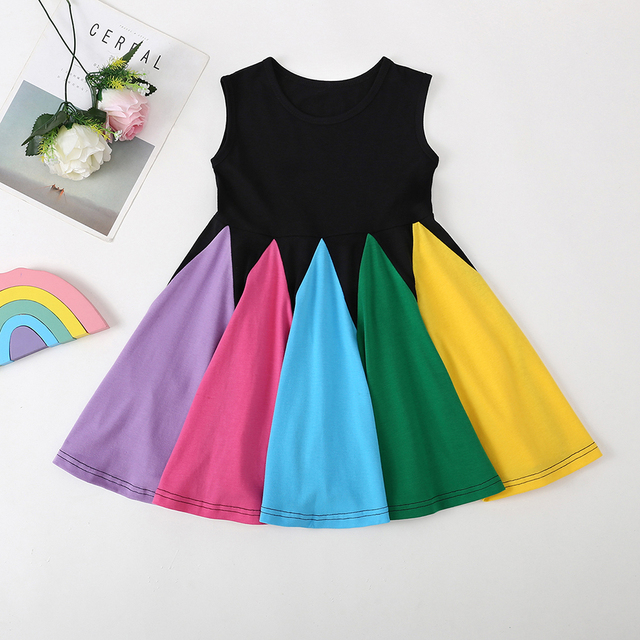 Sukienka modna tęcza z krótkim rękawem dla dziewczynek, bawełna, Color Block - Wianko - 10