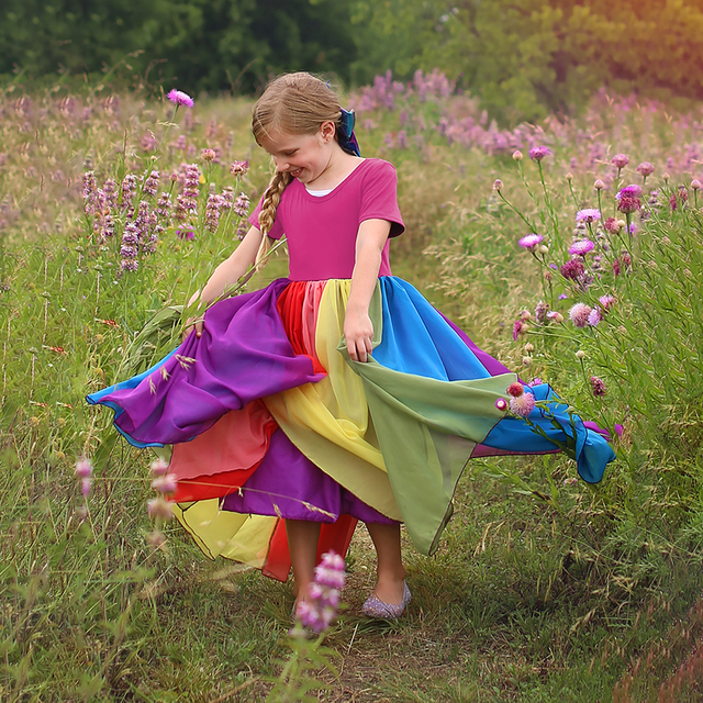 Sukienka modna tęcza z krótkim rękawem dla dziewczynek, bawełna, Color Block - Wianko - 21