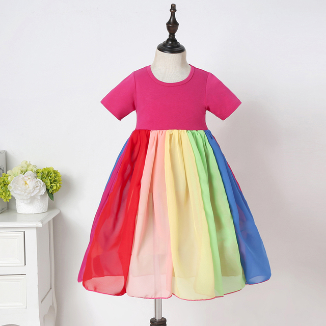 Sukienka modna tęcza z krótkim rękawem dla dziewczynek, bawełna, Color Block - Wianko - 22