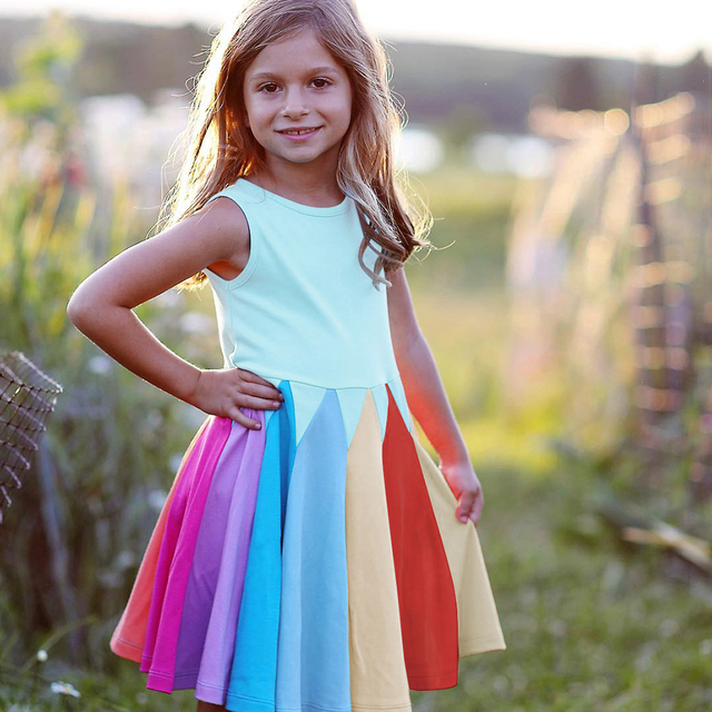 Sukienka modna tęcza z krótkim rękawem dla dziewczynek, bawełna, Color Block - Wianko - 7