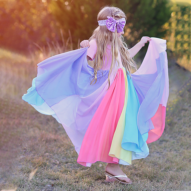 Sukienka modna tęcza z krótkim rękawem dla dziewczynek, bawełna, Color Block - Wianko - 17