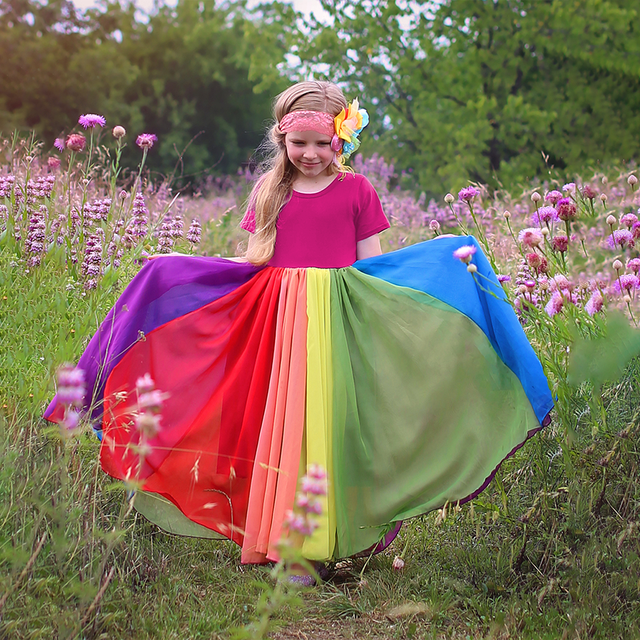 Sukienka modna tęcza z krótkim rękawem dla dziewczynek, bawełna, Color Block - Wianko - 19