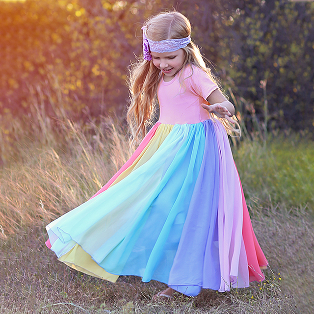Sukienka modna tęcza z krótkim rękawem dla dziewczynek, bawełna, Color Block - Wianko - 18