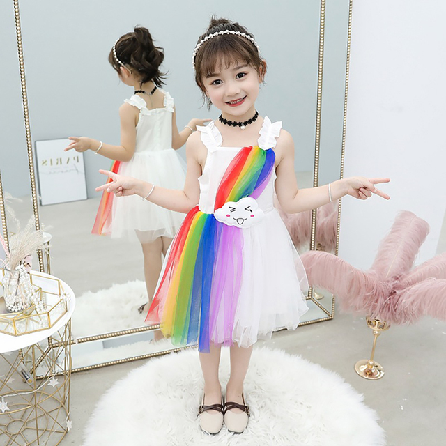Sukienka modna tęcza z krótkim rękawem dla dziewczynek, bawełna, Color Block - Wianko - 25