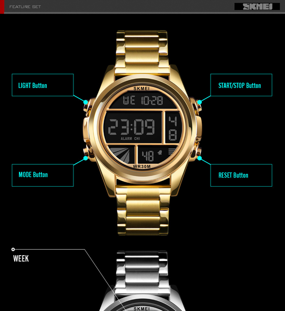 SKMEI luksusowy cyfrowy zegarek męski w kolorze złotym, wodoodporny z wyświetlaczem chronograficznym oraz luminous, idealny na casualowe okazje - Wianko - 6