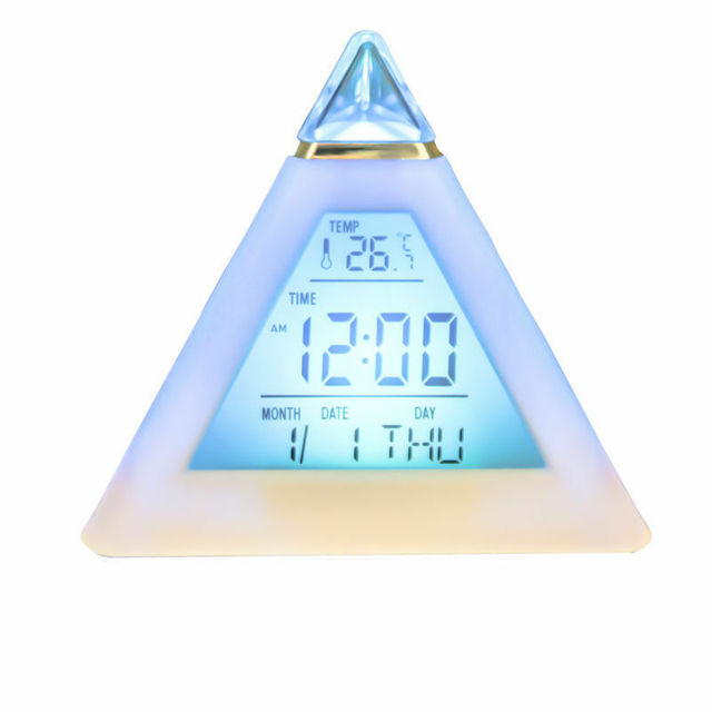 7-kolorowe kolorowe piramidy budzik z wyświetlaczem LCD, lampka nocna, termometr cyfrowy, ścianowy zmienny LED zegar - dekoracja do domu - Wianko - 9